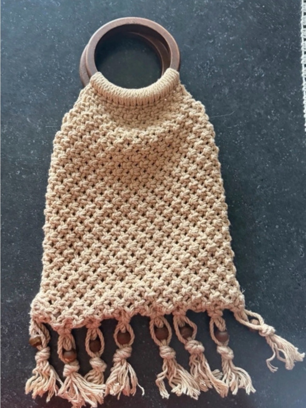 Abercrombie & Fitch Beige Macrame Bag with Wooden Handle